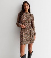 New Look Brown Floral High Neck Long Sleeve Belted Mini Dress